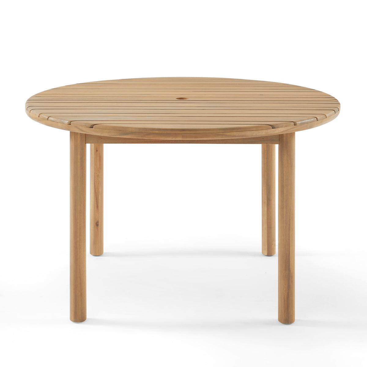 Round wooden outdoor table on a white background