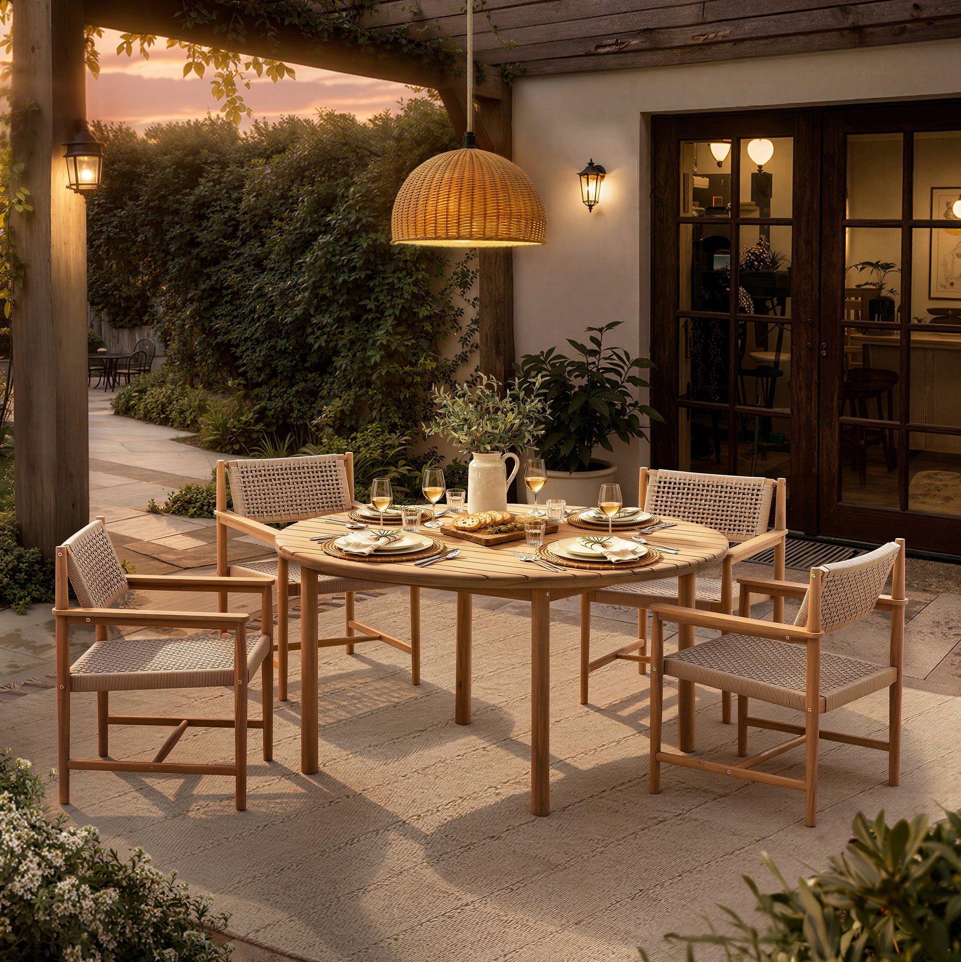 Outdoor dining set on a stone patio at dusk, featuring a round wooden table and four woven-back chairs, styled with plates and wine glasses under a hanging lamp.