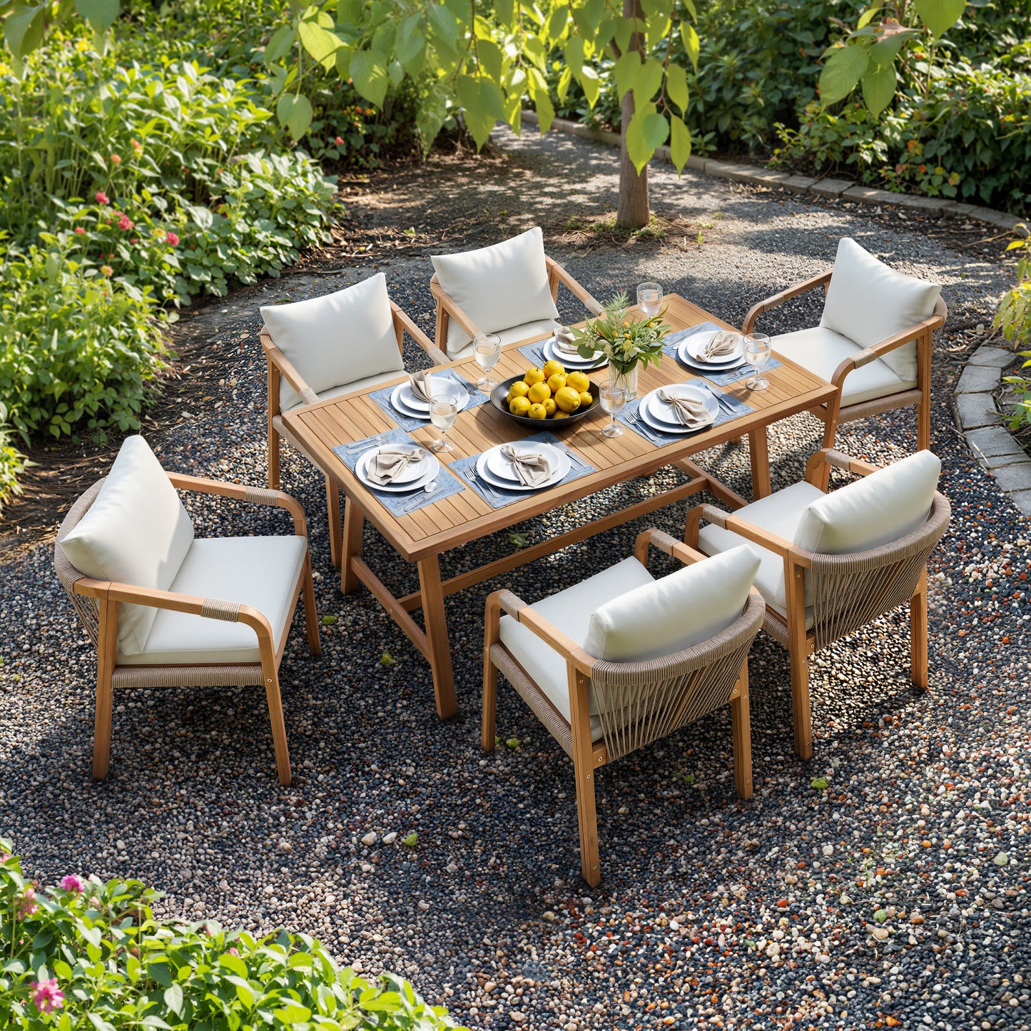 Adele Outdoor Dining Set | Acacia Wood Patio Dining with Cushioned Seating