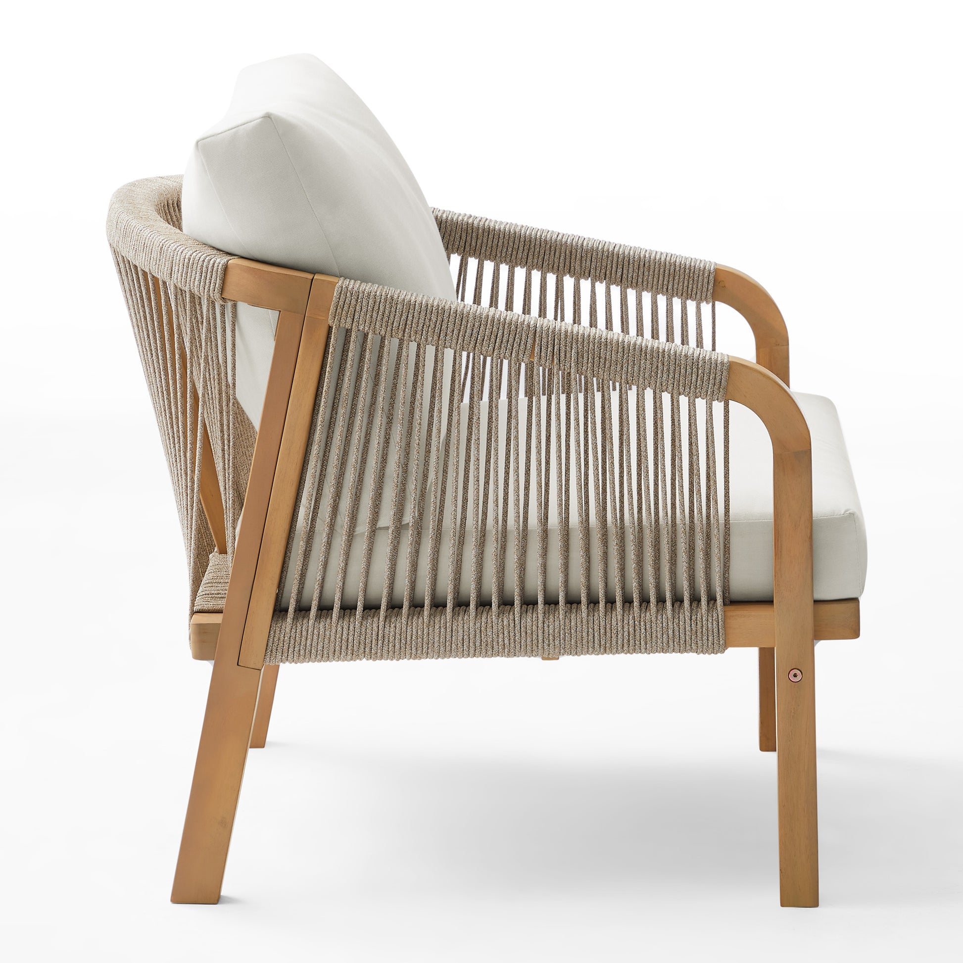 Adele outdoor lounge chair made from acacia wood and hand-woven rope side view