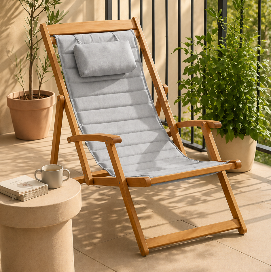 Clara deck chair with gray cushion on a patio with plants and a small table.