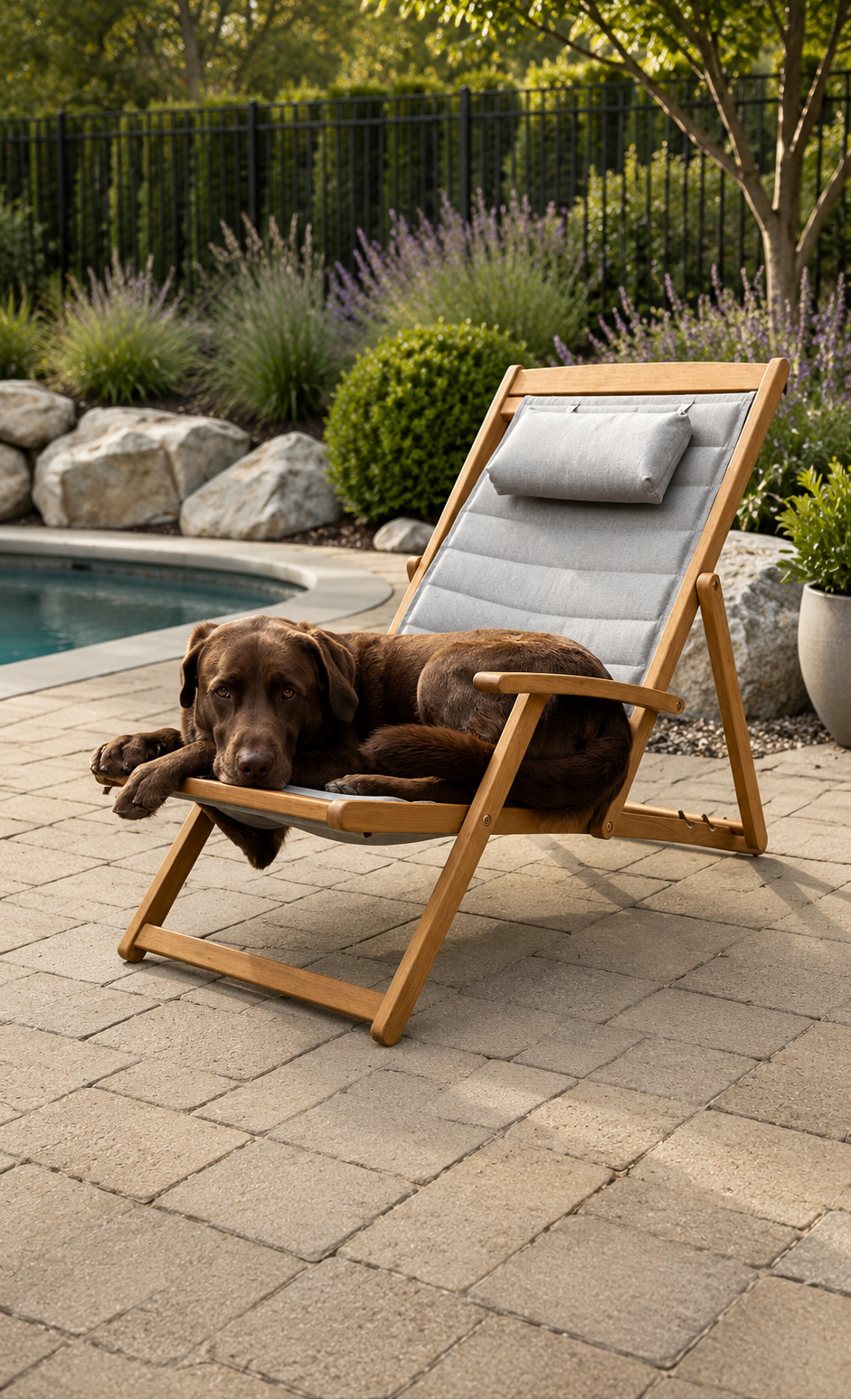 Dog resting on a Clara Deck chair by a poolside with garden elements.