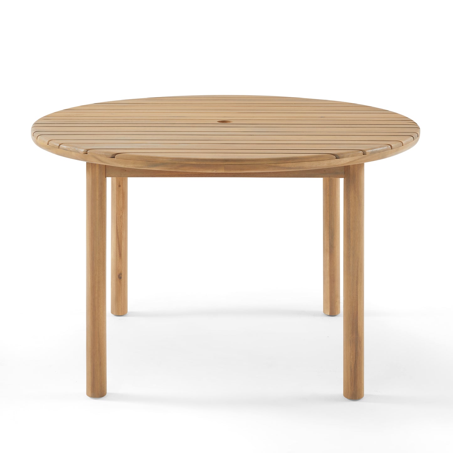 Round wooden outdoor table on a white background
