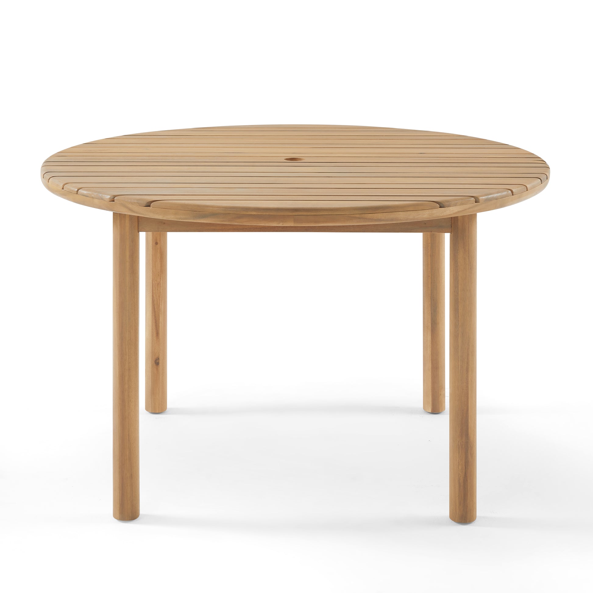 Round wooden outdoor table on a white background