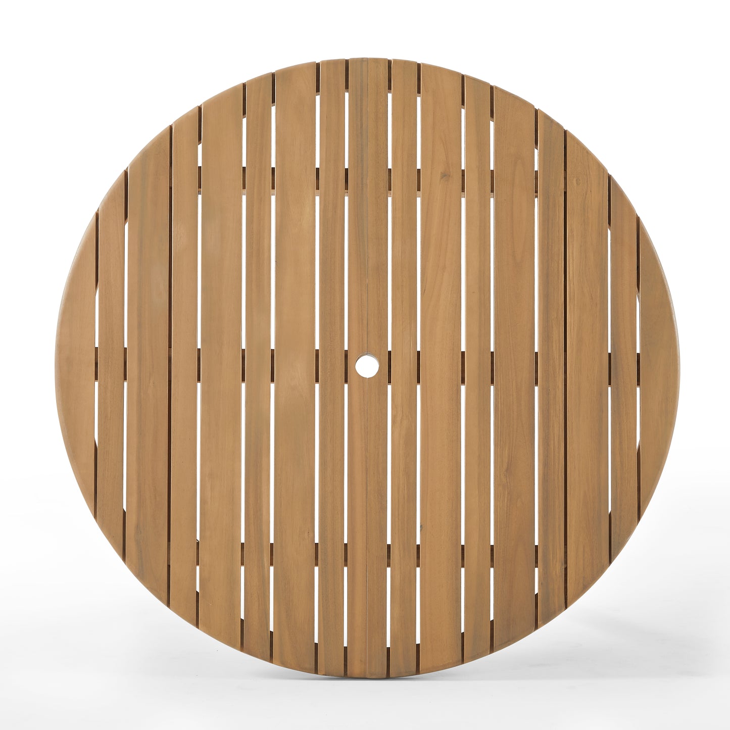 Round wooden table top with slatted design on a white background