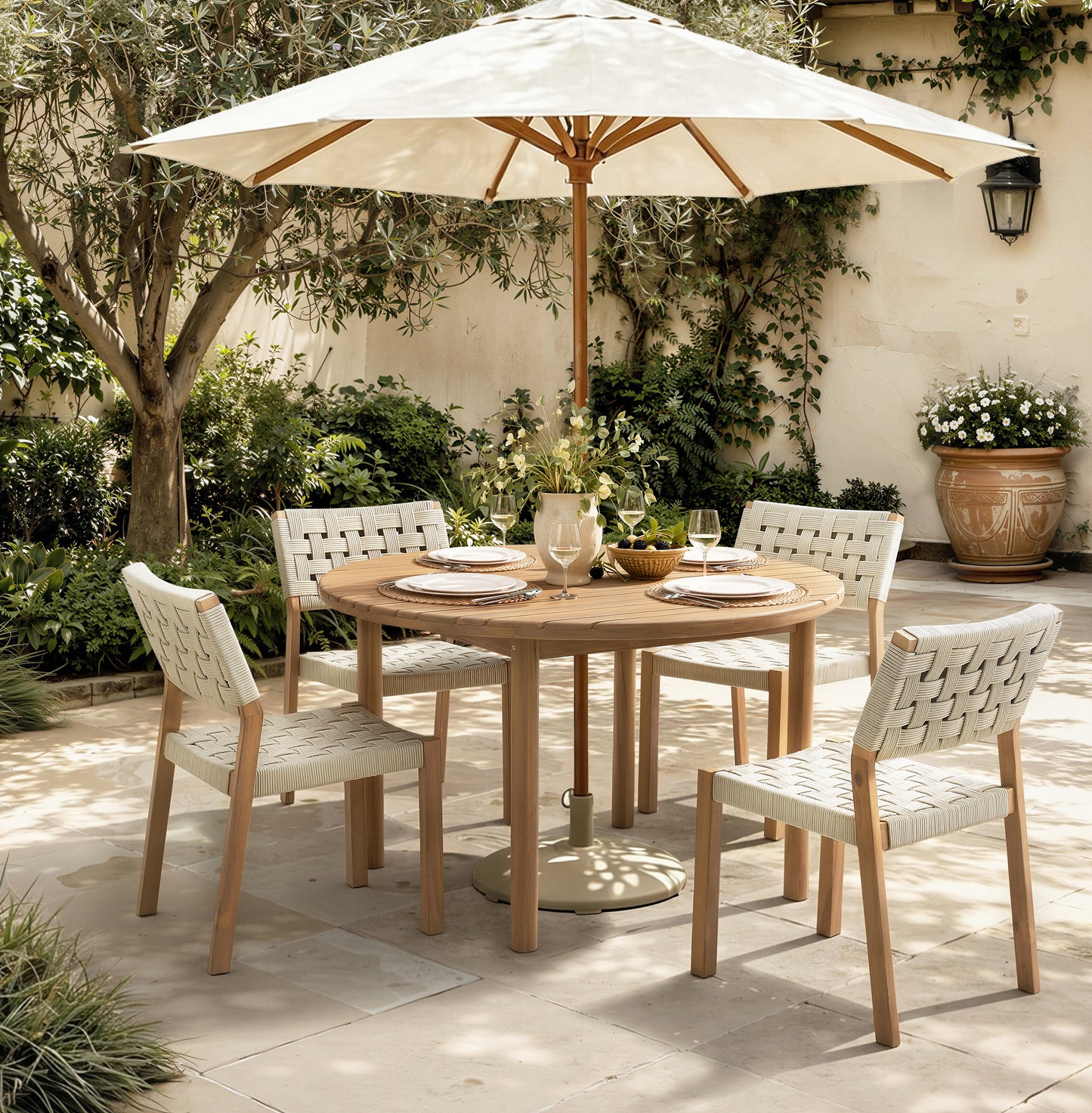 Looma Armless 5-Piece Round Outdoor Dining Set | Rope & Acacia Wood