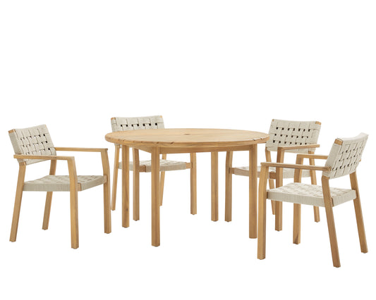 A 5-piece outdoor dining set featuring a round natural wood table and four matching armchairs with woven rope seats and backs, shown on a solid white background.