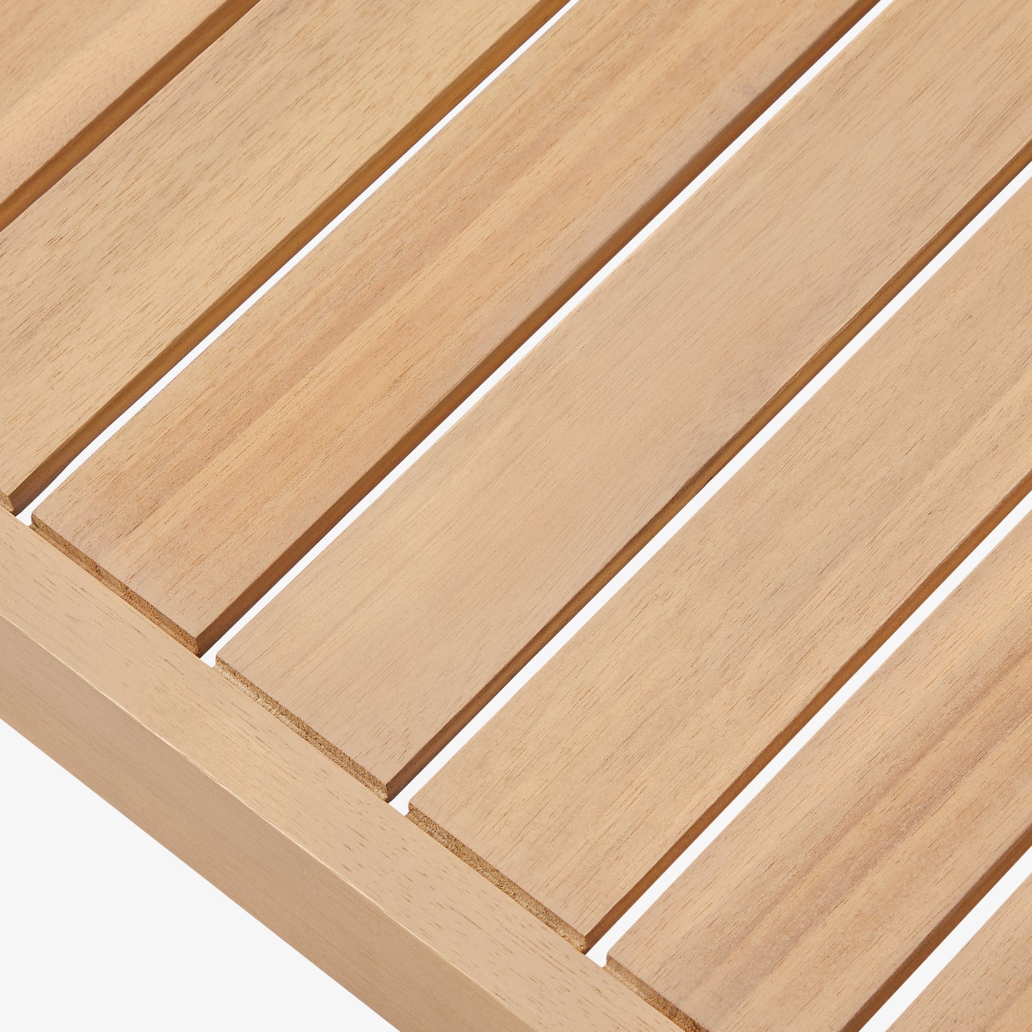 Dara sectional chat table acacia wood slatted top close-up view