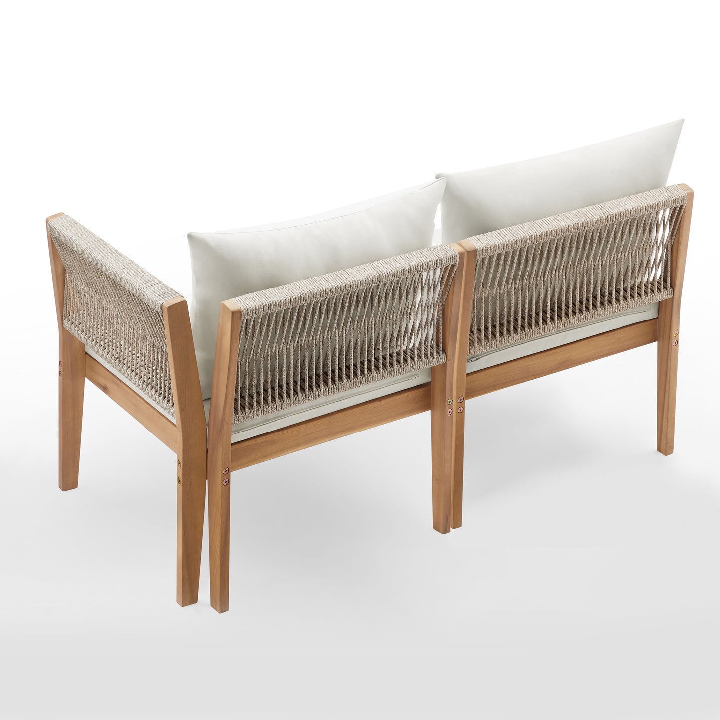 A modern outdoor loveseat with a light natural wood frame, woven rope backrests, and two large off-white cushions, shown from a three-quarters angle on a light gray background.