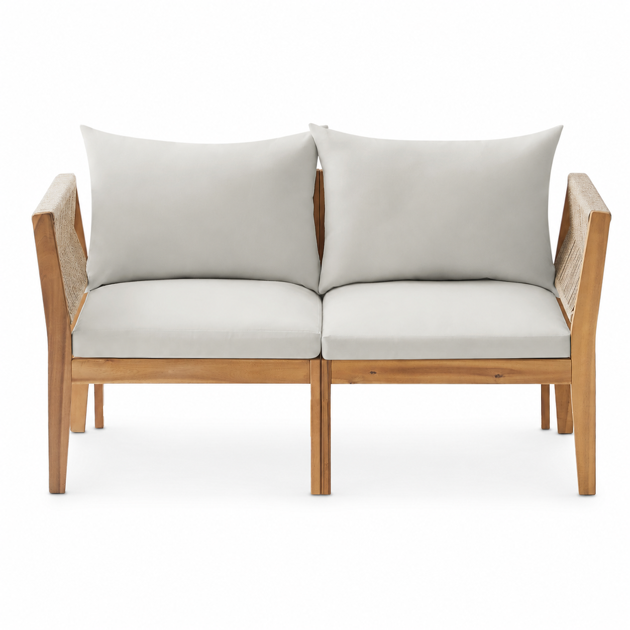 A two-seater outdoor loveseat with a light natural wood frame, woven cane armrests, and light gray cushions, shown against a plain white background.