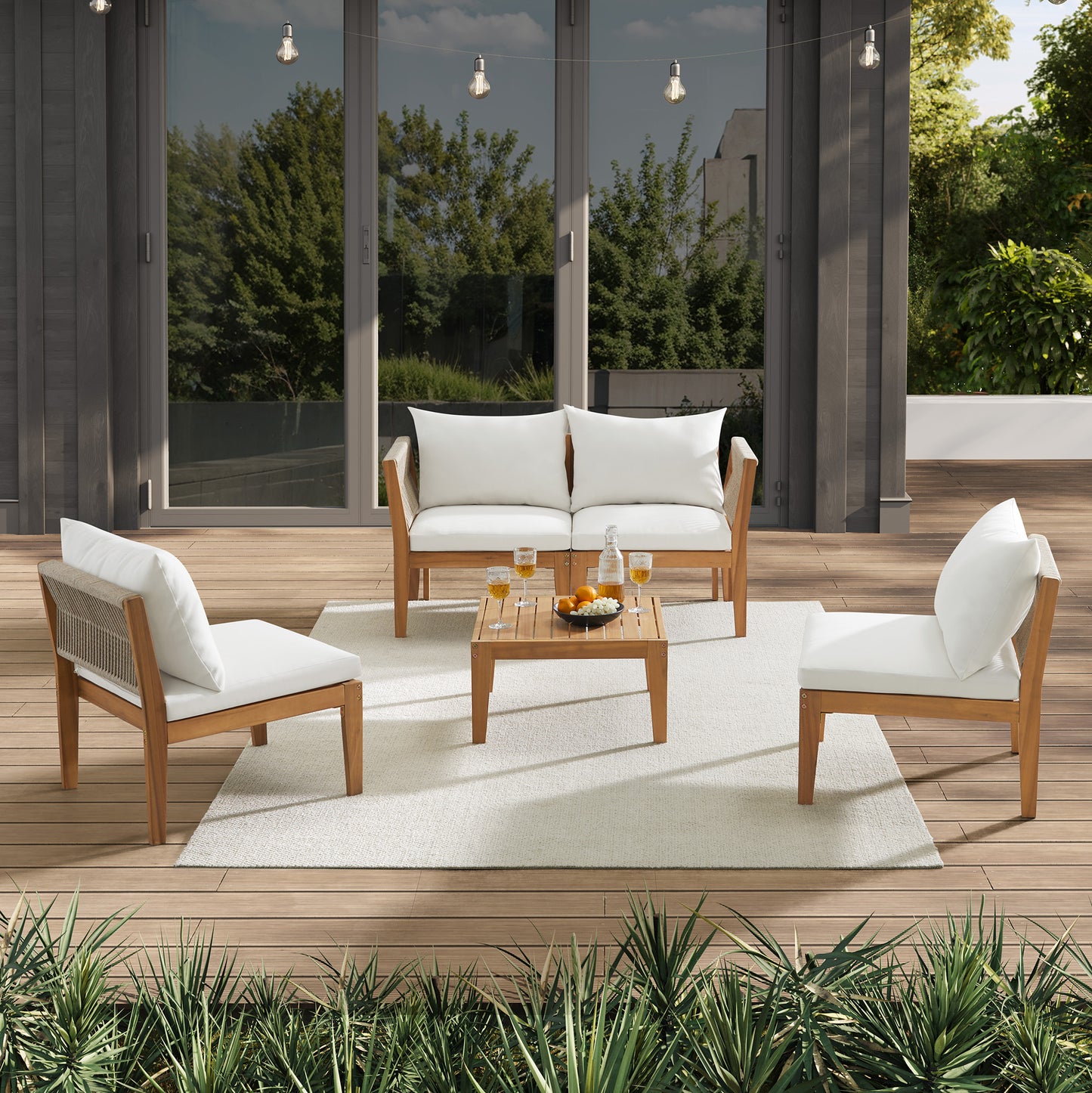 5-piece modular sofa set with two armless chairs, a left and right corner unit, and a square chat table