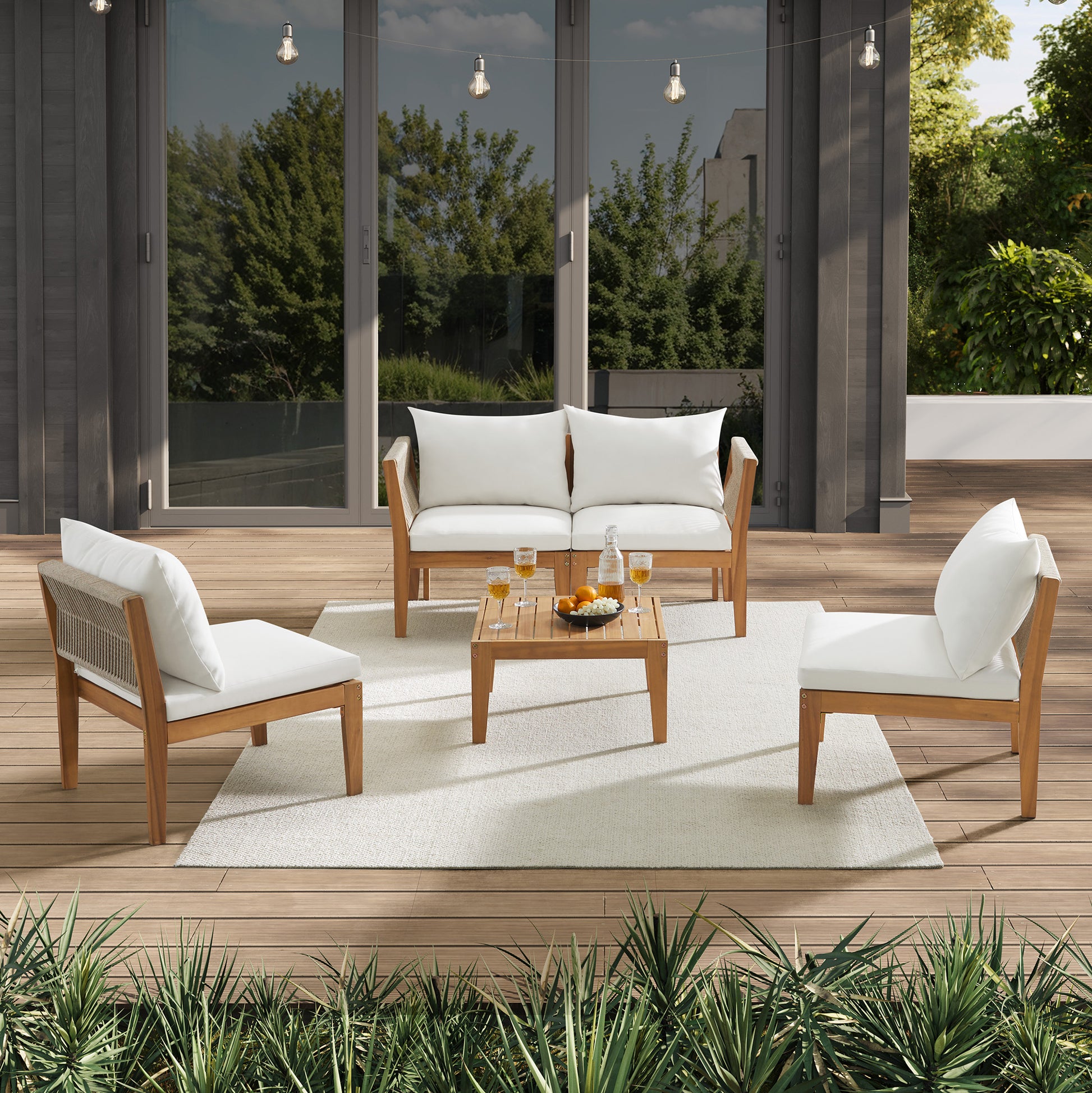 5-piece modular sofa set with two armless chairs, a left and right corner unit, and a square chat table