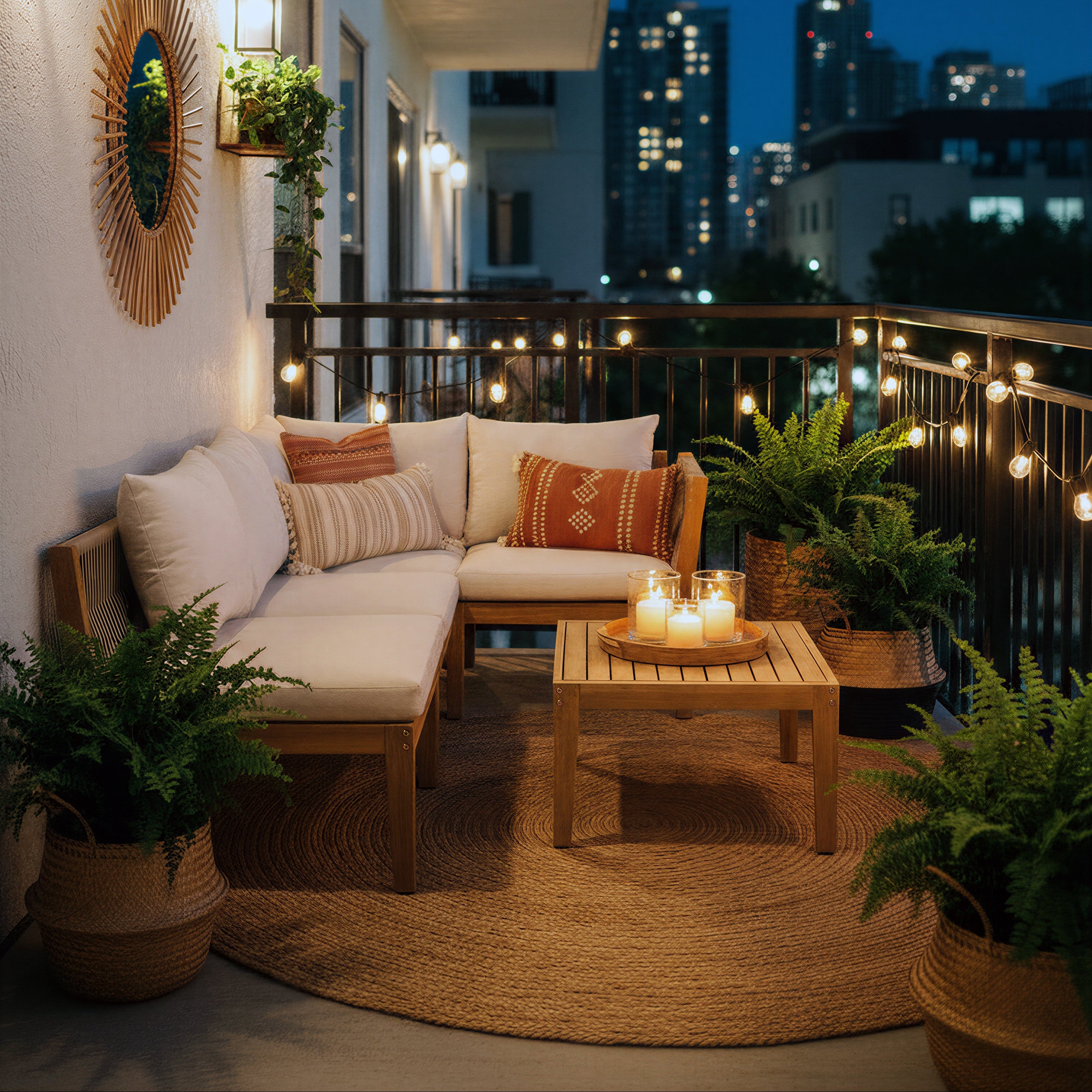 Cozy outdoor patio with Kyndway Dara Modular Sectional, candles, and city skyline view at night.